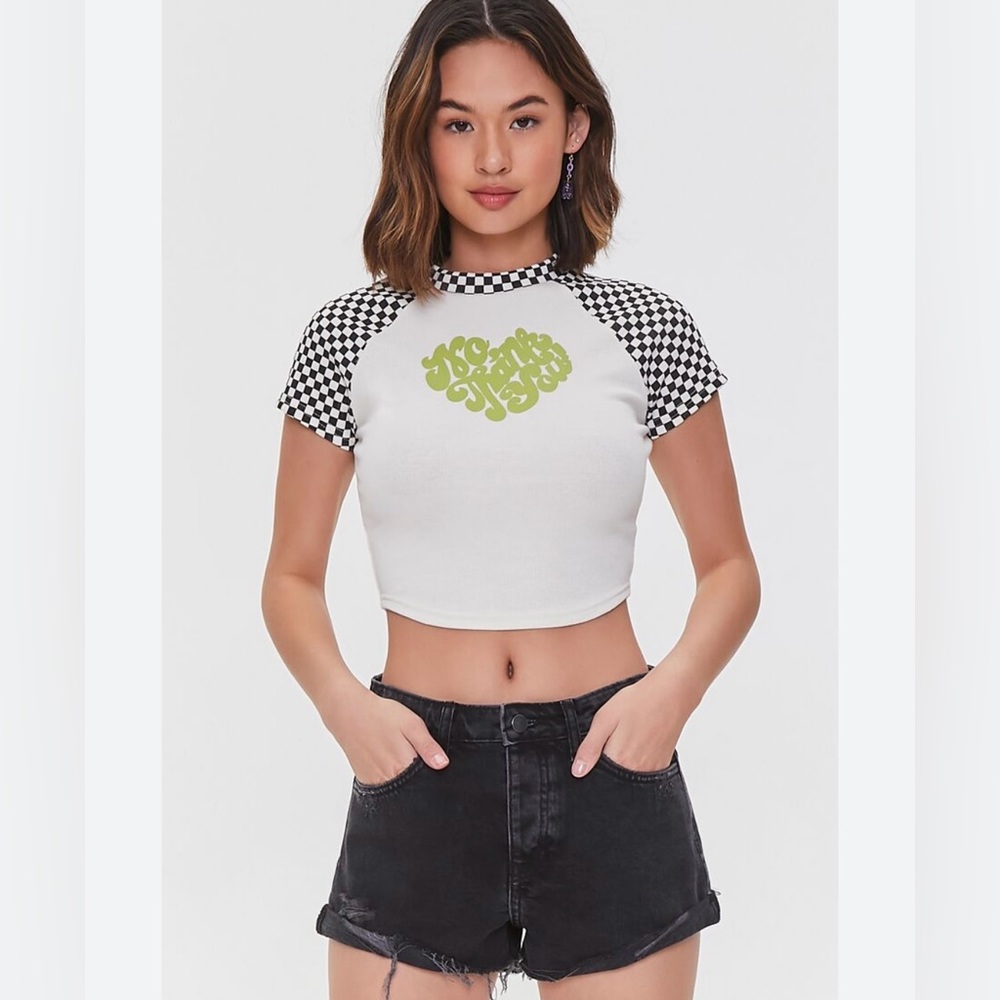 Forever 21 checkerboard “no thank you!” baby tee. Size is small but fits sx